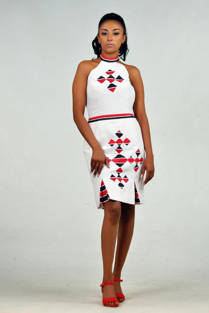 Midi dress with white and red traditional Ethiopian fabric